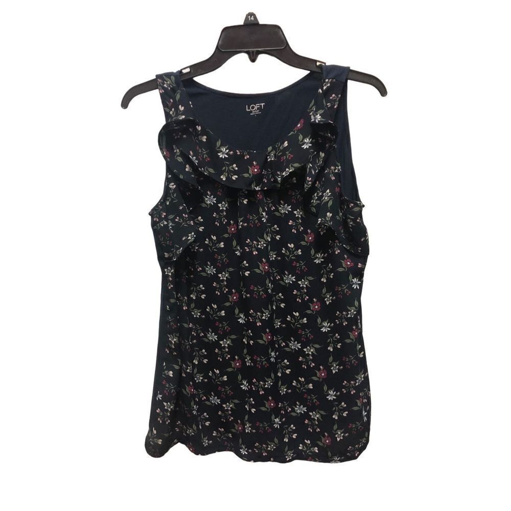 Loft Outlet Women’s Navy Blue and Floral Patterned Sleeveless Tank Blouse Size L